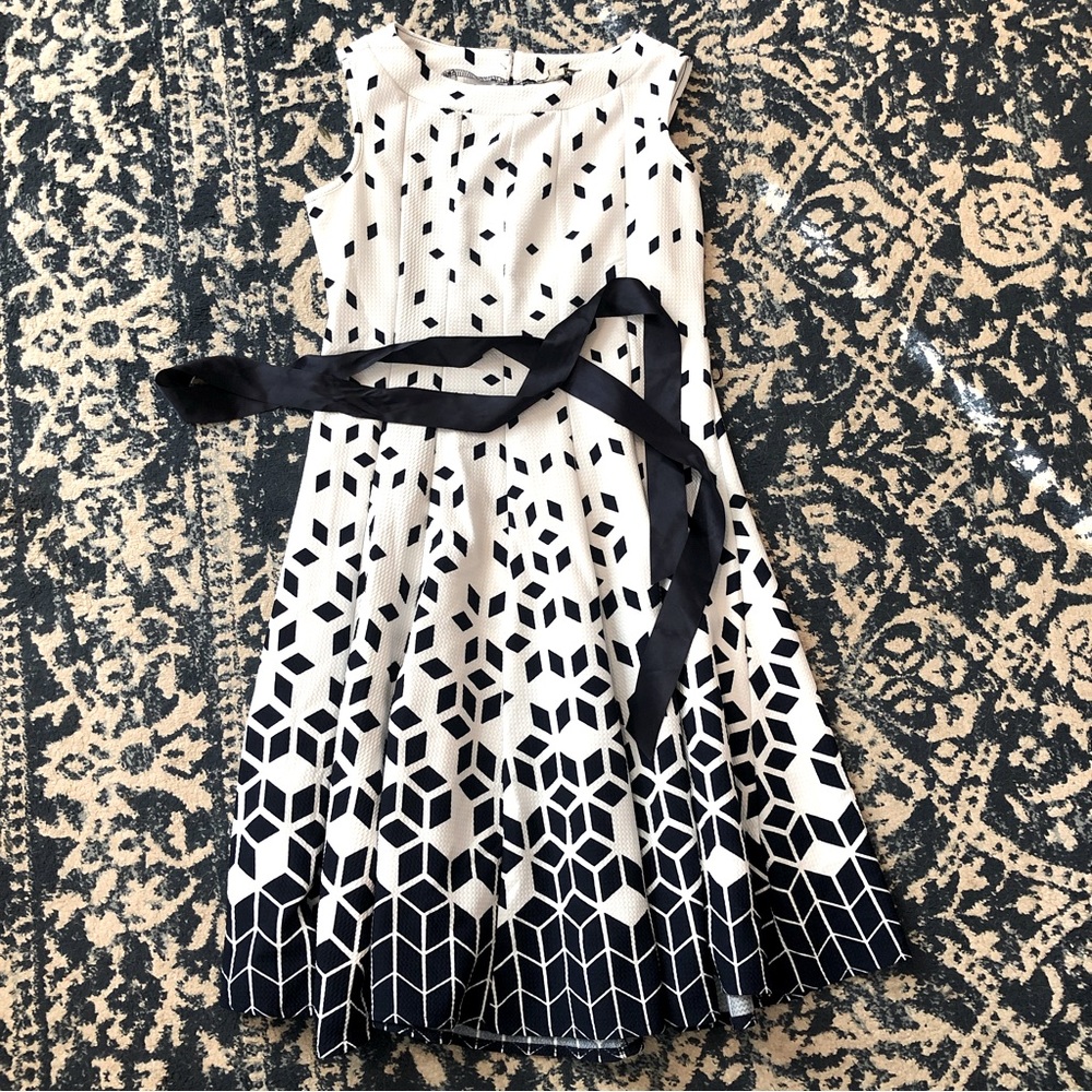 Haani Black and White Geometric Midi Dress with Sash